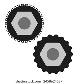 Minimalistische Vektorgrafik von Zahnrad und Mutter. Darstellung mechanischer Bauteile. Engineering- und Maschinenkonzept. Industrie und Gewerbe Design in Schwarz und Grau.