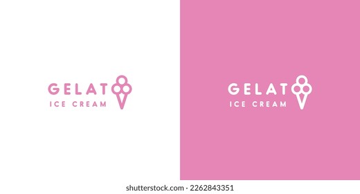 minimalist gelato logo icon logotype design. Ice cream vector symbol flat simple silhouette lettering alphabet font milk ice cream drink elegant fast food that is cold, pink,  Scoop cone sundae 