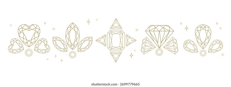 Pedra preciosa minimalista em estilo de linha com formas geométricas de diamante. pedras preciosas e diamante em ouro para design de joias, convites de casamento, marca de luxo, embalagem, logotipos. Ilustração vetorial