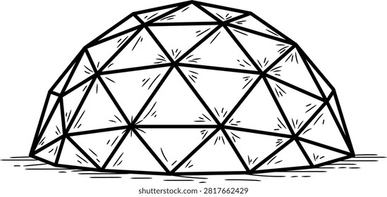 Minimalist Geodesic Dome Vector Illustration: A hand-drawn black line icon of a spherical architectural structure with triangular facets, ideal for engineering, science, and modern design projects.