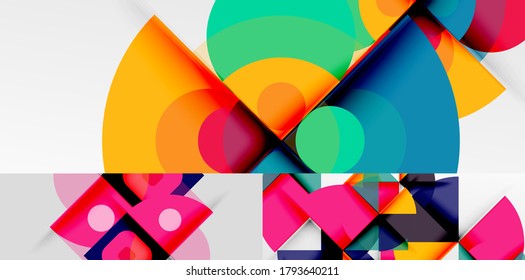 Minimalist geometric abstract backgrounds made of squares, circles, rectangles, lines, triangles and other elements