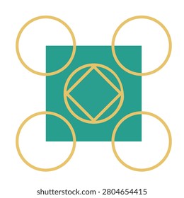 Minimalist geometric abstract design featuring a turquoise square with gold circular overlays and a central diamond shaped line illustration