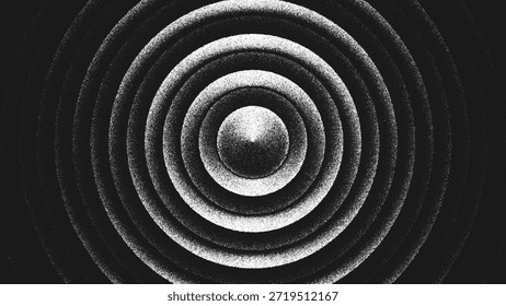 Minimalist geometric artwork of concentric circles in stippling style forming layered geometry. Precise geometric structure of concentric circles arranged in balance and harmony. Dotted texture forming perfect concentric cones in high contrast black and white. Circular layers and monochrome shading form minimal timeless visual. Geometric rhythm create illusion of depth and precise minimalist aesthetic. Vector illustration