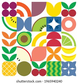 Minimalist geometric artwork poster of fruits with colorful simple shapes. Flat abstract vector pattern design in Scandinavian style for branding, web banners, prints on fabric, or wallpapers.