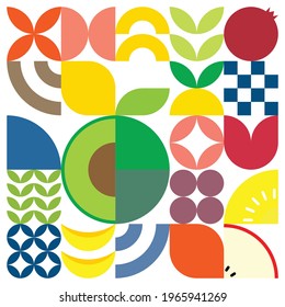 Minimalist geometric artwork poster of fruits with colorful simple shapes. Flat abstract vector pattern design in Scandinavian style. Avocado, apple, pineapple, pomegranate, and banana.