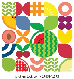 Minimalist geometric artwork poster of fruits with colorful simple shapes. Flat abstract vector pattern design in Scandinavian style. Red watermelon, peach, pear, and cherry.