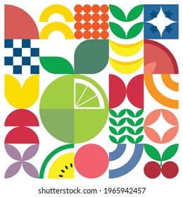 Minimalist geometric artwork poster of fruits with colorful simple shapes. Flat abstract vector pattern design in Scandinavian style. Lime, yellow watermelon, cherry, and blueberry.