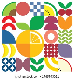 Minimalist geometric artwork poster of fruits with colorful simple shapes. Flat abstract vector pattern design in Scandinavian style. Orange, yellow watermelon, avocado, apple, and cherry.