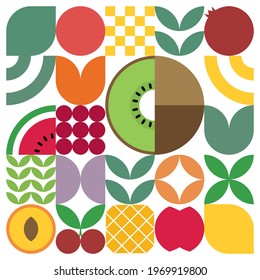 Minimalist geometric artwork poster of fruits with colorful simple shapes. Flat abstract vector pattern design in Scandinavian style. Kiwi, red watermelon, pineapple, apricot, and cherry.