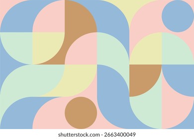 Cartaz de arte geométrica minimalista cheio de cores com formas e figuras simples. Projeto de padrão vetorial de ponto abstrato em estilo escandinavo para banners web, apresentações de negócios, branding, papel de parede