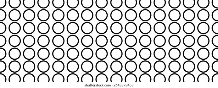 Um plano de fundo minimalista e geométrico com um padrão de grade repetitivo de círculos vazios e contornados em preto em uma superfície branca.