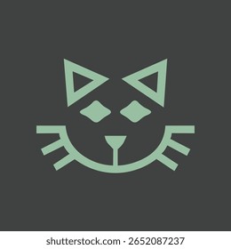 Minimalist geometric cat face icon with whiskers and triangle ears in mint green over a dark background, conveying a modern and stylized animal design.

