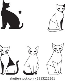 Minimalist geometric cat logo vector set, abstract polygonal sitting kitten line art illustration, black and white feline silhouette design for pet shop tattoo and sticker.