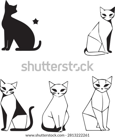 Minimalist geometric cat logo vector set, abstract polygonal sitting kitten line art illustration, black and white feline silhouette design for pet shop tattoo and sticker.