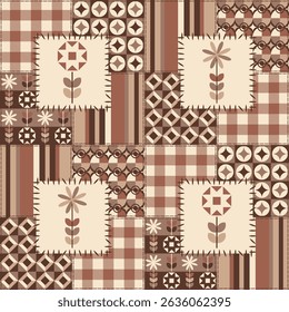 Motif harmonieux d'Image vectorielle de patchwork de couleur de café géométrique minimaliste. Style moderne du milieu du siècle - motif motif à carreaux de buffle, plaid, couette, fond d'écran, arrière-plan flou.