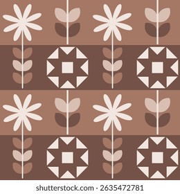Minimalist geometric coffee color seamless pattern. Floral mid century modern style background, wallpaper, vector illustration.