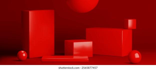 Minimalist geometric cube podiums of different height on red studio setup background. Realistic glossy spheres and rectangular pedestals for premium product presentation or modern exhibition design.