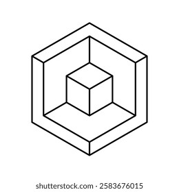 Minimalist geometric design featuring a cube within a hexagon.  Symbolic of structure, containment, or nested systems.  Perfect for tech, architecture, or abstract design projects.