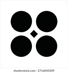 Minimalistisches geometrisches Design mit vier großen schwarzen Kreisen, die in einem Rautenlayout mit einem kleinen schwarzen Quadrat angeordnet sind, das zwischen ihnen auf einem sauberen weißen Hintergrund zentriert ist.