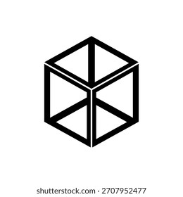 A minimalist geometric design featuring an isometric cube illusion, rendered in bold black lines against a clean white background.