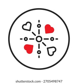 Um design geométrico minimalista com corações vermelhos dispostos em torno de um ponto central, simbolizando relações e conexões. O estilo abstrato e as linhas limpas evocam sentimentos de amor, afeição,