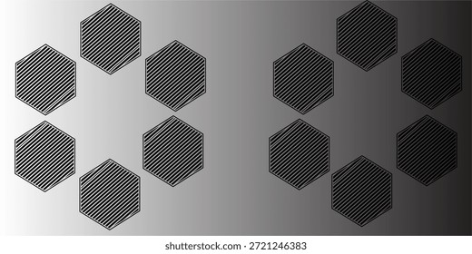 Un diseño geométrico minimalista con seis hexágonos a rayas dispuestos en una formación circular sobre un fondo degradado en escala de grises suave, creando una imagen moderna y equilibrada.