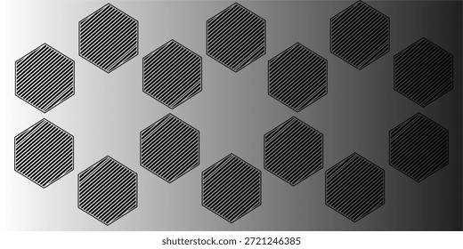 Um design geométrico minimalista com seis hexágonos listrados dispostos em uma formação circular em um fundo de gradiente suave em tons de cinza, criando um visual moderno e equilibrado.