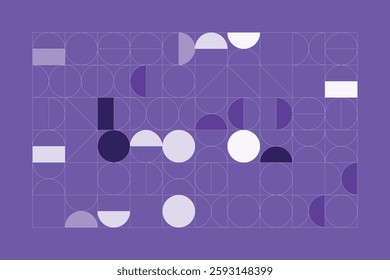 A minimalist geometric design featuring structured circular and rectangular shapes in shades of purple. The abstract grid layout creates a sense of balance, symmetry, and modern artistic appeal.