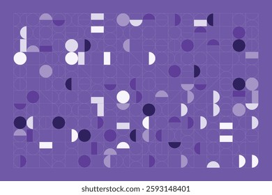 A minimalist geometric design featuring structured circular and rectangular shapes in shades of purple. The abstract grid layout creates a sense of balance, symmetry, and modern artistic appeal.