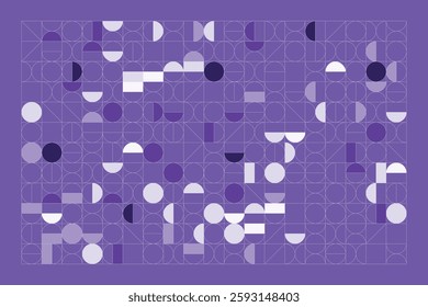 A minimalist geometric design featuring structured circular and rectangular shapes in shades of purple. The abstract grid layout creates a sense of balance, symmetry, and modern artistic appeal.