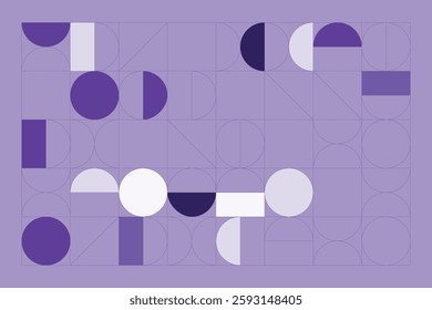 A minimalist geometric design featuring structured circular and rectangular shapes in shades of purple. The abstract grid layout creates a sense of balance, symmetry, and modern artistic appeal.