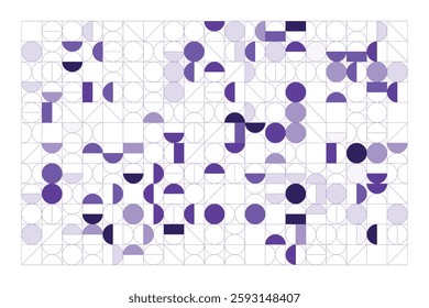 A minimalist geometric design featuring structured circular and rectangular shapes in shades of purple. The abstract grid layout creates a sense of balance, symmetry, and modern artistic appeal.