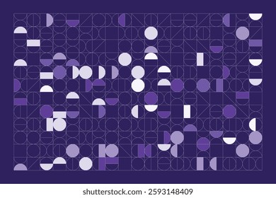 A minimalist geometric design featuring structured circular and rectangular shapes in shades of purple. The abstract grid layout creates a sense of balance, symmetry, and modern artistic appeal.