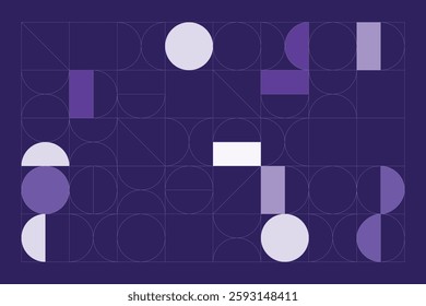 A minimalist geometric design featuring structured circular and rectangular shapes in shades of purple. The abstract grid layout creates a sense of balance, symmetry, and modern artistic appeal.