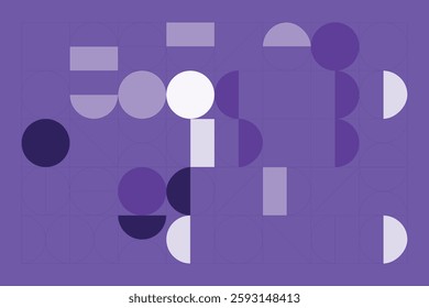 A minimalist geometric design featuring structured circular and rectangular shapes in shades of purple. The abstract grid layout creates a sense of balance, symmetry, and modern artistic appeal.