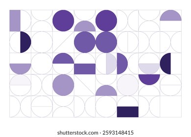 A minimalist geometric design featuring structured circular and rectangular shapes in shades of purple. The abstract grid layout creates a sense of balance, symmetry, and modern artistic appeal.