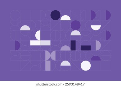 A minimalist geometric design featuring structured circular and rectangular shapes in shades of purple. The abstract grid layout creates a sense of balance, symmetry, and modern artistic appeal.