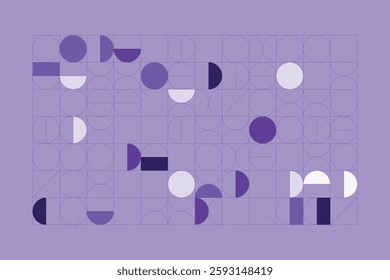 A minimalist geometric design featuring structured circular and rectangular shapes in shades of purple. The abstract grid layout creates a sense of balance, symmetry, and modern artistic appeal.