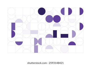 A minimalist geometric design featuring structured circular and rectangular shapes in shades of purple. The abstract grid layout creates a sense of balance, symmetry, and modern artistic appeal.