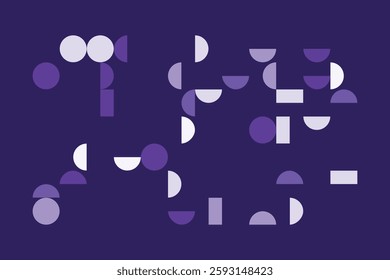 A minimalist geometric design featuring structured circular and rectangular shapes in shades of purple. The abstract grid layout creates a sense of balance, symmetry, and modern artistic appeal.