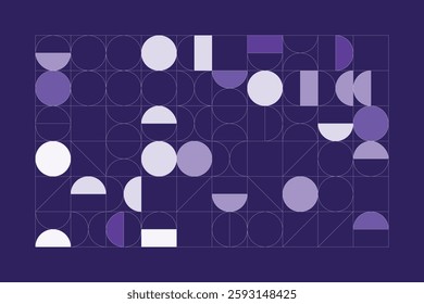 A minimalist geometric design featuring structured circular and rectangular shapes in shades of purple. The abstract grid layout creates a sense of balance, symmetry, and modern artistic appeal.