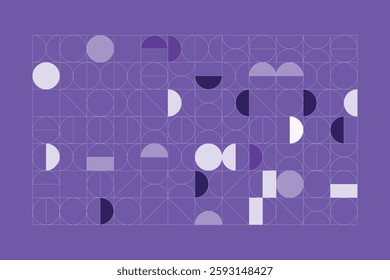 A minimalist geometric design featuring structured circular and rectangular shapes in shades of purple. The abstract grid layout creates a sense of balance, symmetry, and modern artistic appeal.