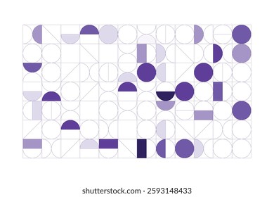 A minimalist geometric design featuring structured circular and rectangular shapes in shades of purple. The abstract grid layout creates a sense of balance, symmetry, and modern artistic appeal.