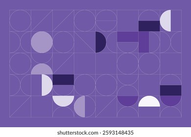 A minimalist geometric design featuring structured circular and rectangular shapes in shades of purple. The abstract grid layout creates a sense of balance, symmetry, and modern artistic appeal.