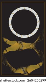 Minimalist Geometric Design with Gold Lines on Dark Background,Abstract Gold Line Art on Charcoal Gray with Circle Element,Elegant Decorative Composition with Wavy Lines and Circle Frame,Modern Invita