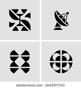 Minimalist geometric designs featuring satellite dish and abstract black and white shapes