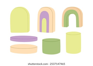 Minimalist geometric display shapes in soft pastel colors. Hand-drawn product stand concept, modern flat vector illustration set.