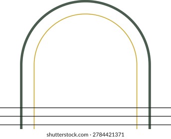 Minimalist geometric double arch frame in dark green and gold with intersecting horizontal lines on a white illustration