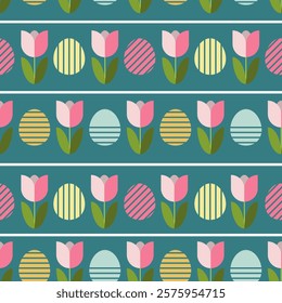 Minimalist geometric Easter seamless pattern. Spring holiday repeat pattern with tulip flowers and Easter eggs, vector illustration.