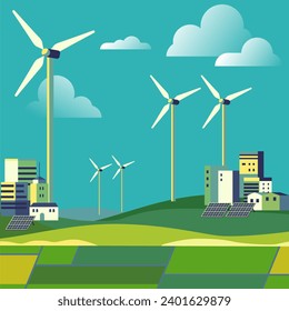 Minimalist geometric eco and green energy concept city landscape vector illustration with buildings, hills, trees, solar panels, and wind turbines